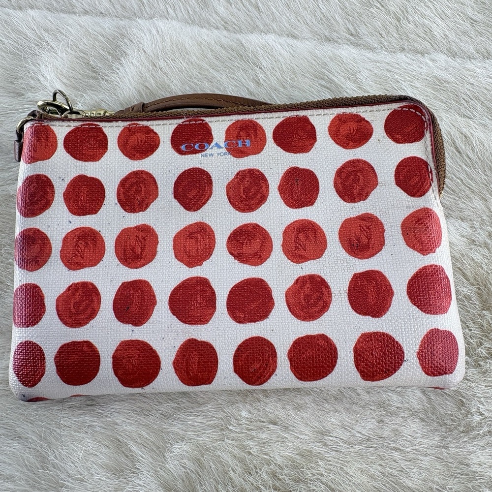 COACH New York Polka Dot Wristlet Cream Red Canvas Small Zip Pouch